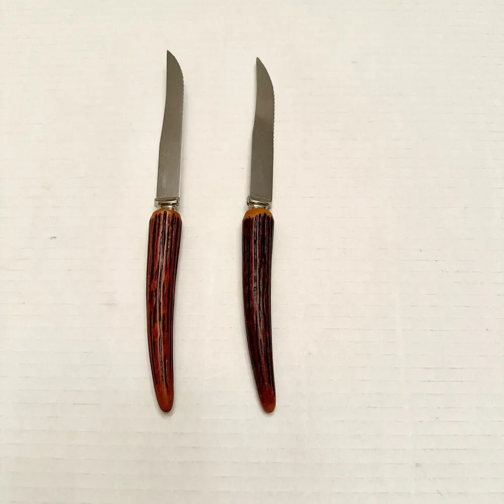 2 Vtg Steak Knives Faux Stag Antler Horn Handle Lifetime Cutlery Stainless Steel - Picture 2 of 7